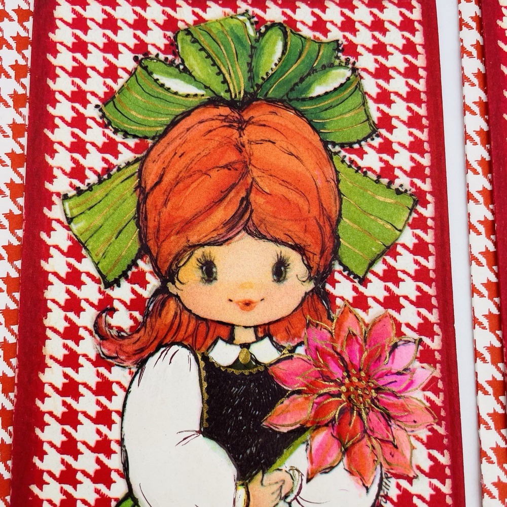 2 Red Hair Girl Green Bow In Hair Unused Vintage Hallmark Note Cards Embossed‎
